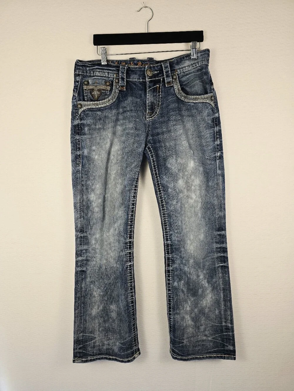 Rock Revival Rogue Faded Blue Topstitching Embellished Bootcut Jeans. Mens 32/30